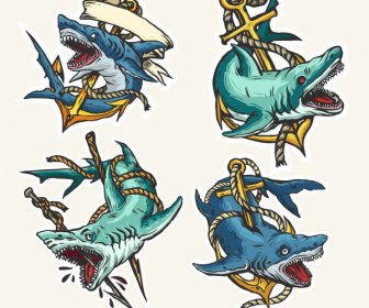 ícones De Tatuagem De Tubarão Colorido Projeto Violento Dinâmico