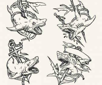 Plantillas De Tatuajes De Tiburón Aterrador Boceto Dibujado A Mano Dinámico