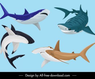 Sharks Icons Motion Sketch Cartoon Design