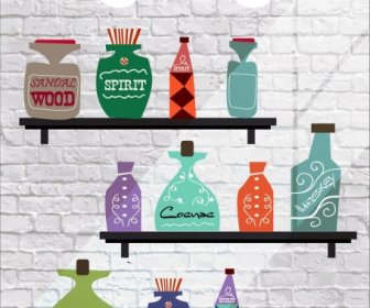 Shelf Decor Drawing Bottle Icons Flat Retro Design