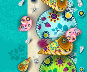 Shells With Marine Elements Vector Background Art