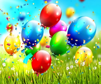 Shiny Balloon With Colorful Confetti Birthday Backgrounds Vector