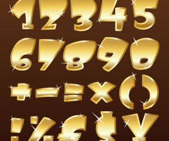 Alfabet Emas Mengkilap Dan Tanda Baca Angka Vektor