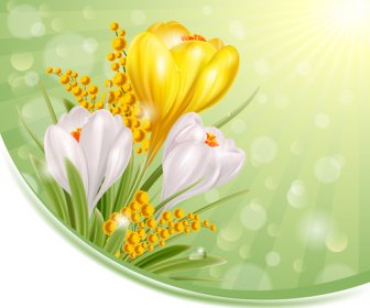 Mengkilap Putih Dengan Bunga-bunga Kuning Vektor Latar Belakang