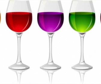 كؤوس النبيذ مجموعة أيقونات ملونة لامعة زخرفة السائل