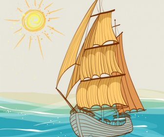 Ship Drawing Sea Sun Icons Multicolored Handdrawn Sketch