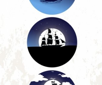 Koleksi Ikon Kapal Moonlight Sea Circle Isolasi