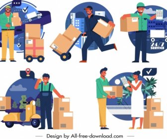 Shipper Icons Collection Delivery Activities Sketch Cartoon Design