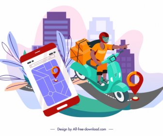 Versand Hintergrund Scooter Smartphone Skizze Dynamisches Design