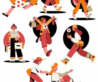 Iconos De Compradores Personajes De Dibujos Animados De Colores Diseño Dinámico