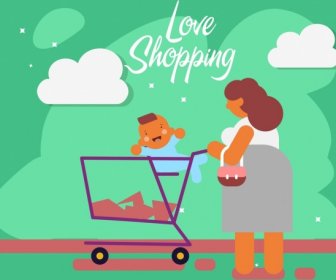 Shopping Background Mother Kid Trolley Icons Flat Decor