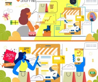 Shopping Background Templates Sales Design Elements Cartoon Sketch