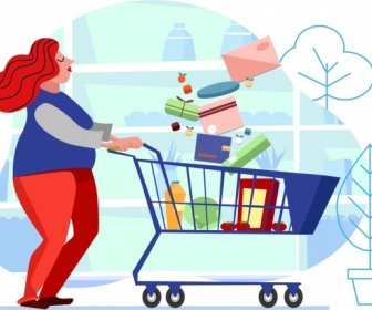 Shopping Background Woman Trolley Goods Icons Cartoon Sketch