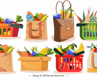 Shopping Bags Icons Colorful Shapes Sketch