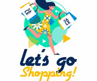 Shopping Banner Joyful Shopper Icon Colorful Flat Design