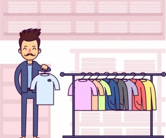 Shopping Drawing Man Clothes Display Icons Colored Cartoon
