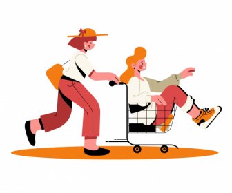 Shopping Icon Girls Playing Trolley Cartoon Characters