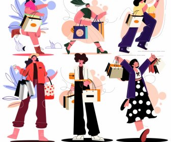 Shopping Ladies Icons Colored Cartoon Characters Sketch