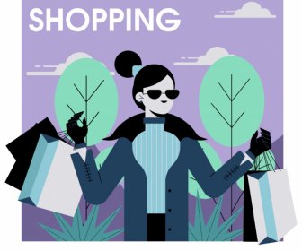 Shopping Lady Icon Contemporary Lifestyle Cartoon Character