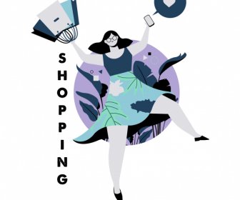 Shopping Lifestyle Icon Joyful Woman Sketch Cartoon Character