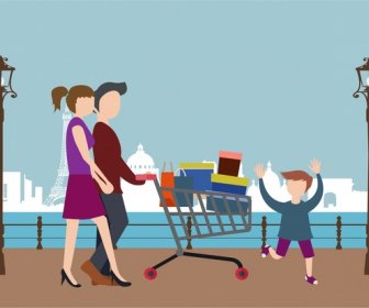 Shopping People Theme Design Family Pushing Cart Illustration