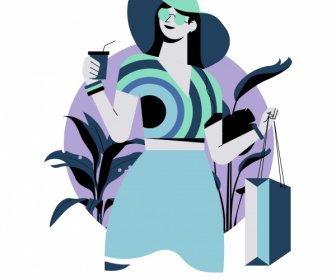Shopping Woman Icon Colored Cartoon Character Sketch