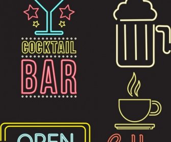 Signboard Icons Collection Bright Neon Decoration