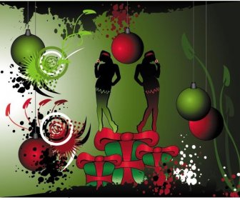 Silhouette Christmas Girl On Green Grunge Christmas Background Vector