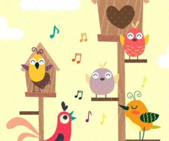 Singing Birds Background Colored Cartoon Design