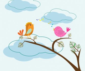 Canto Degli Uccelli Colorati In Stile Cartone Animato: