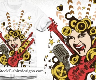 Chica De Canto Guitarra Y Micrófono Diseño Camiseta Gratis