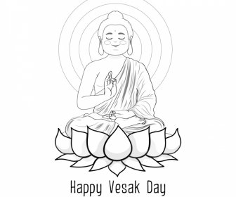 座っている仏陀幸せなベサクの日デザイン要素蓮仏教スピリチュアルアートアウトライン