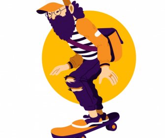 Skateboard Sports Icon Bearded Man Sketch Cartoon Character