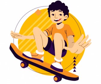 Skateboard Sports Icon Young Boy Sketch Dynamic Cartoon