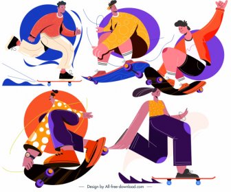 ícones Esportivos De Skate Esboço Dinâmico De Desenho Animado