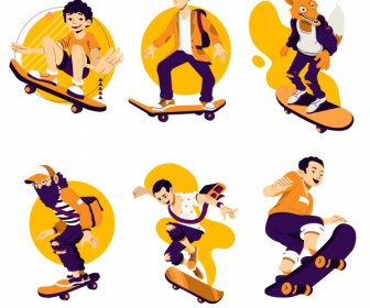 Skateboard Sports Icons Dynamic Sketch Cartoon Characters