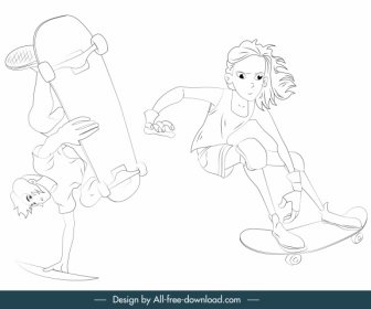 Skateboarder Icone Disegno Dinamico Disegnato A Mano Cartone Animato Schizzo