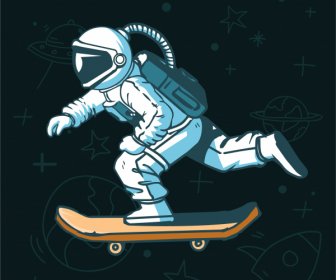 Skateboarding Astronaut Hintergrund Dynamische Handgezeichnete Cartoon