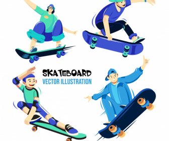 Skater Icons Dynamic Cartoon Characters Sketch