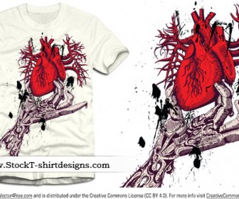 スケルトン手で無料の T シャツのデザインを解剖学的な赤いハート