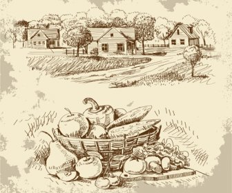 Sketsa Desa Dengan Sayuran Vektor