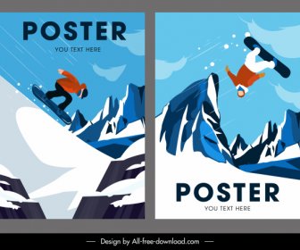 Skiing Sports Posters Colored Dynamic Design