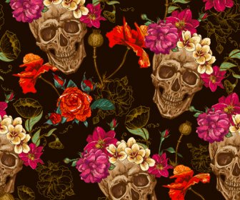 Skull And Poppies Flower Seamless Pattern Vector