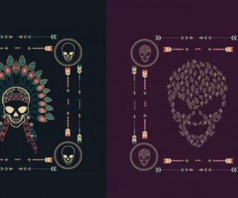 Skull Background Sets Tribal Style Dark Design