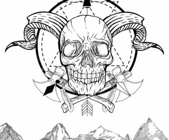 Skull Tattoo Template Black White Retro Sketch