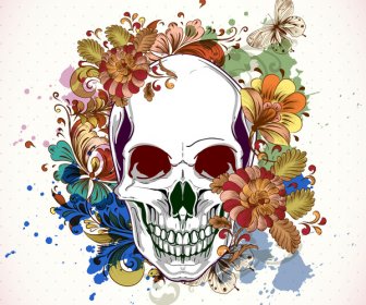Totenkopf Mit Floralen Design-Elemente