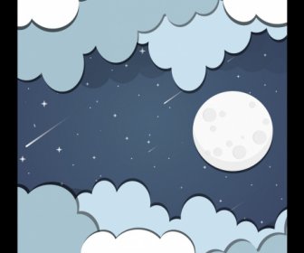Sky Background Cloud Moon Falling Stars Flat Sketch