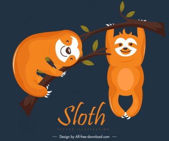 Sloths Icons Climbing Gesture Cute Cartoon Characters Sketch