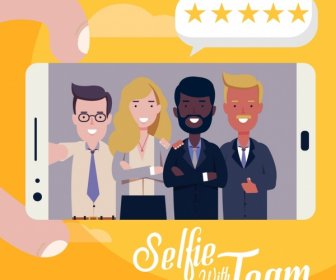 Smartphone-Werbung Hintergrund Selfie Team Symbol Cartoon-Design