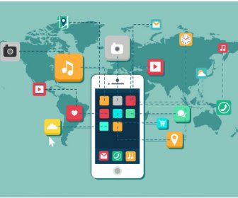 акции на смартфон с пользовательского интерфейса иконки и континентов иллюстрации